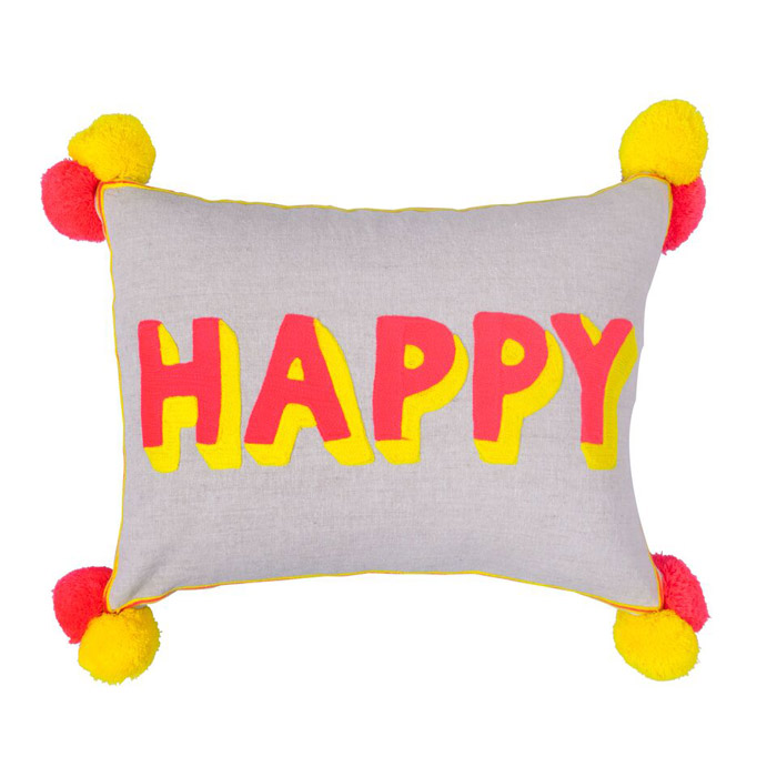 Happy Embroidered Pom Pom Cushion