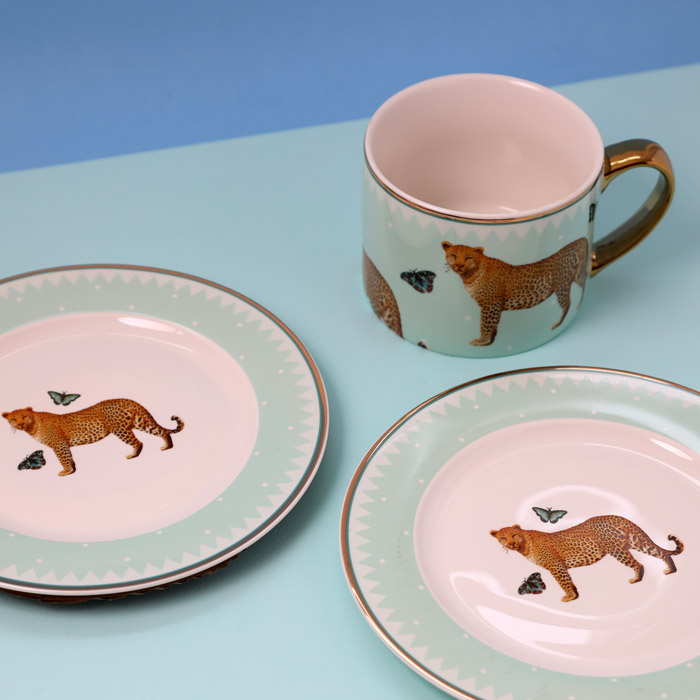 Gold handle leopard mug and side plates. Buy online UK