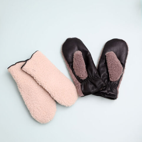 Borg Mittens with Faux Leather - Buy Online UK