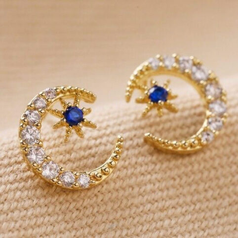 Crystal Moon Stud Earrings With Blue & Clear Stones - From Source Lifestyle