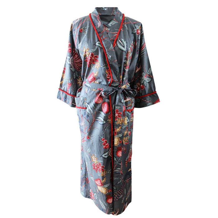 gREY dRESSING goWN wITH fLORAL pRINT