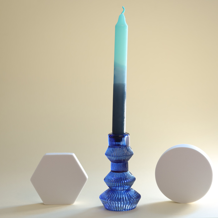 Cobalt Ribbed Glass Candlestick - Buy Online UK