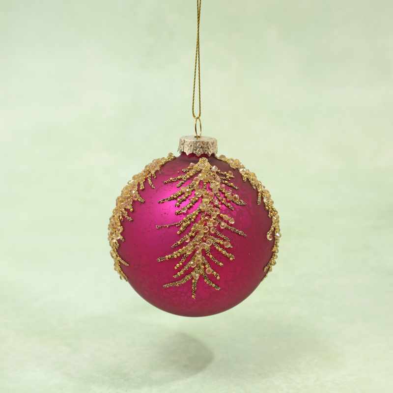 Fuchsia Christmas Bauble With Gold Glitter - Buy Online UK
