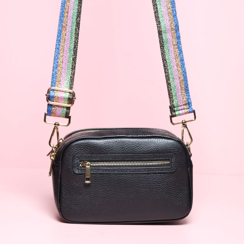Black Leather Bag With Glittery Stripe Bag Strap - For Sale Online UK