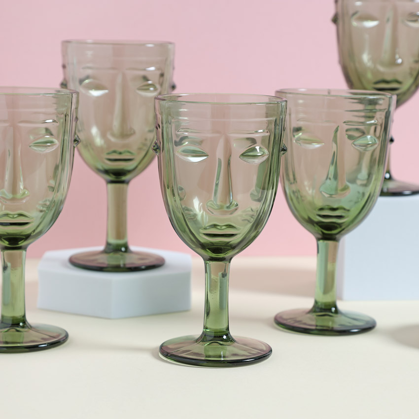 Set of 6 Face Green Wine Glasses - Buy Online UK