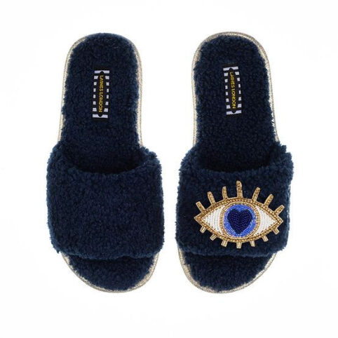 The Navy Towelling Teddy Sliders With Eye Brooch - Buy Online With Free UK Delivery