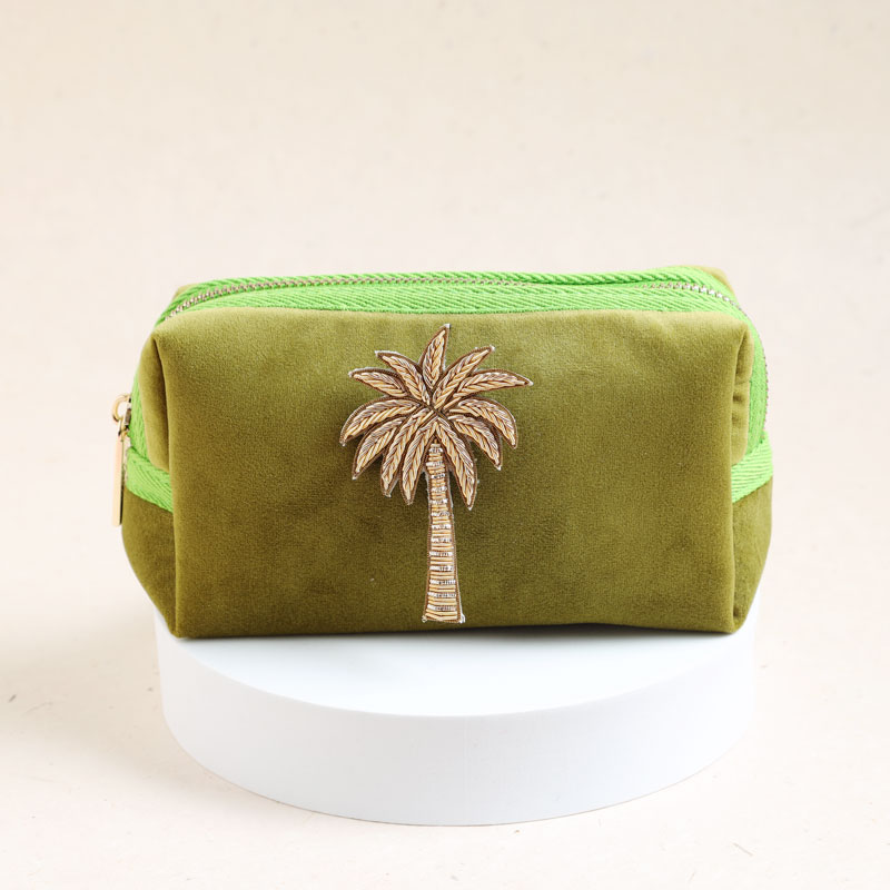 Green Velvet Palm Tree Make Up Bag - Buy Online UK