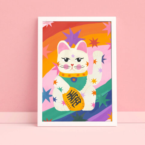 Lucky Cat Rainbow Print Framed. Buy Online With Free UK Delivery