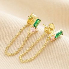 Green & Pink Chain Earrings With Cubic Zirconia Stones & Sterling Silver Posts - From Source Lifestyle