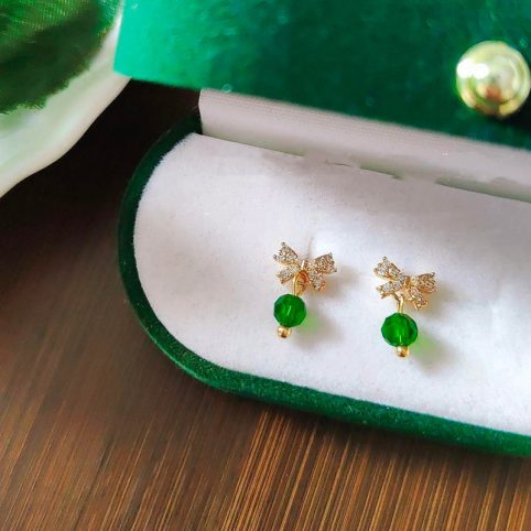 Green Bead Bow Earrings With Cubic Zirconia - From Source Lifestyle