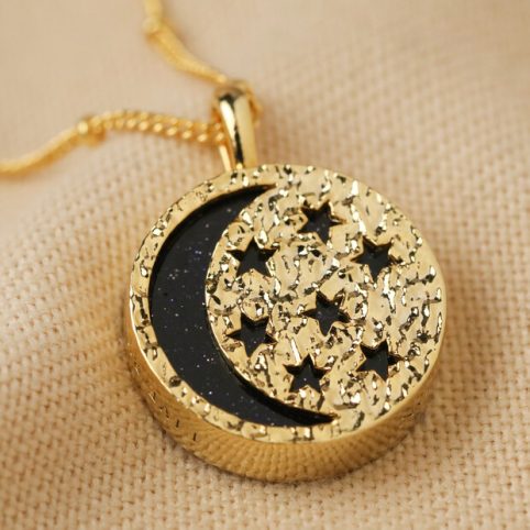 Celestial Black & Gold Necklace With Sun & Moon Wording Around The Edge - From Source Lifestyle