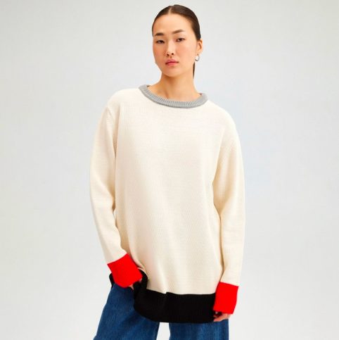 Cream Grey Red & black Colour Block Longline Jumper - From Source Lifestyle