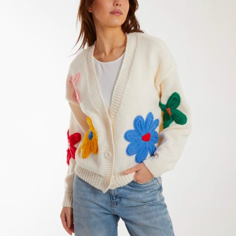 Large Embroidered Flower Cardigan In Bright Colours On A Cream Knit - From Source Lifestyle