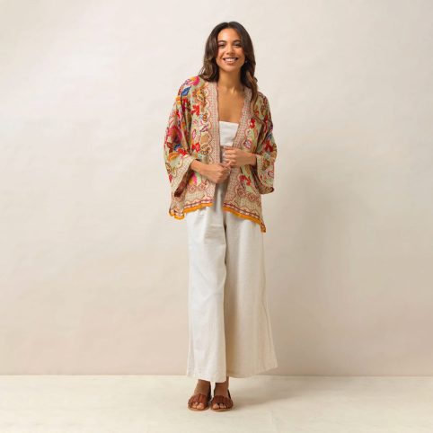 Indian Flower Taupe Kimono With Colours Of Mustard, Pink, Brown & Blue. From Source Lifestyle UK