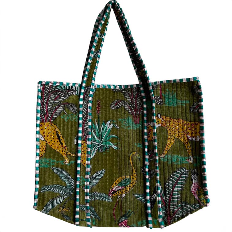 The Cheetah Green Madagascar Velvet Tote Bag Is Lightly Quilted - From Source Lifestyle