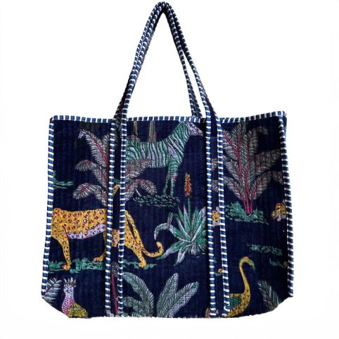 Blue Madagascar Velvet Tote Bag With A Stunning Tropical Print - From Source Lifestyle