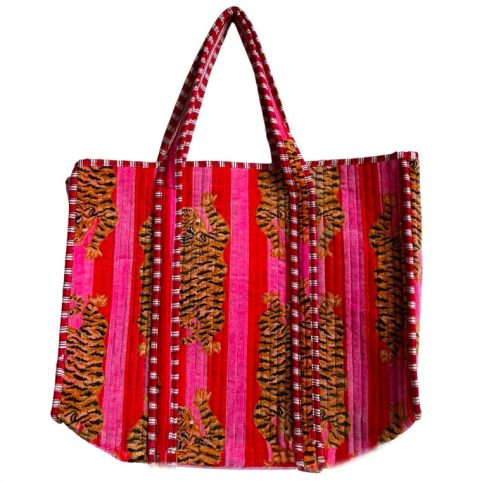 Velvet Quilted Tote Bag With Pink Stripes and Tiger Print