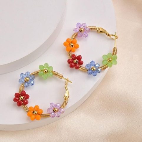 Glass Multi Flower Hoop Earrings Made FRom 14ct Gold Plated Stainless Steel - From Source Lifestyle