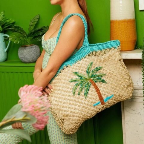 Embellished Palm Tree Tote Bag With Turquoise Handles. From Source Lifestyle