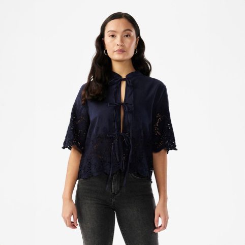 Navy Broderie Anglais Tie Front Top - From Source Lifestyle
