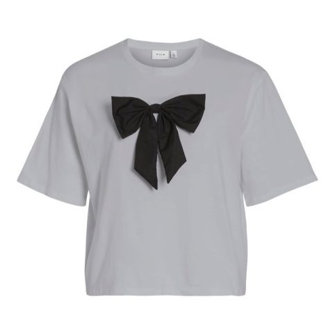 Vila Bow Detail T-Shirt In Soft Grey Cotton With A Black Bow - From Source Lifestyle